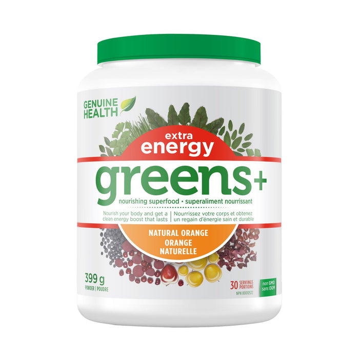 Genuine Health Greens+ Extra Energy, Green Superfood Powder, Non GMO, Natural Orange, 399g, 30 Servings ( S12 )