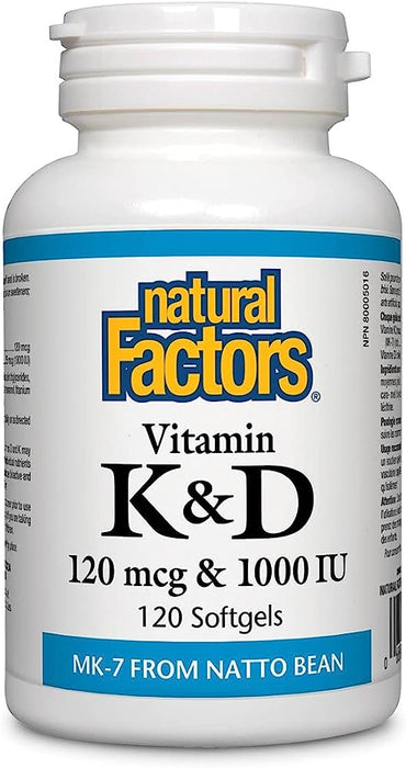 NATURAL FACTORS VITAMIN K&D 120MCG & 100 IU (120 SOFT GELS) MK-7 FROM NATTO BEAN ( S03 )