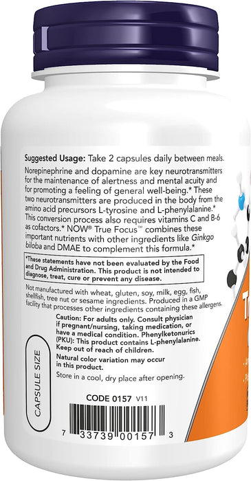 NOW Supplements, True Focus™ with Amino Acids, Ginkgo, DMAE + CoQ10 and Grape Seed Extract , 90 Veg Capsules ( S29 )