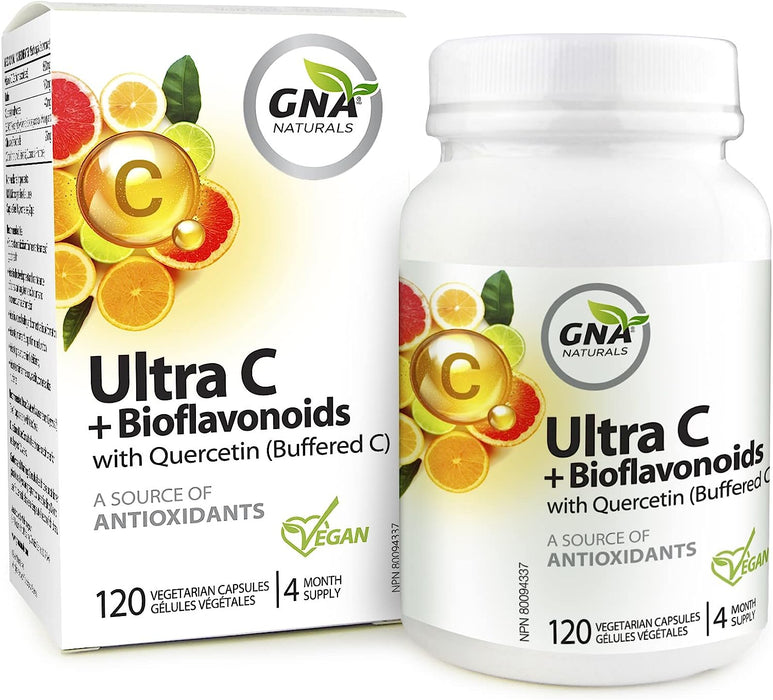 GNA Naturals Ultra Vitamin C 600mg + Bioflavonoids with Quercetin, 120 V-Caps 4 Month Supply, 120 Count ( S# Vitamin C )