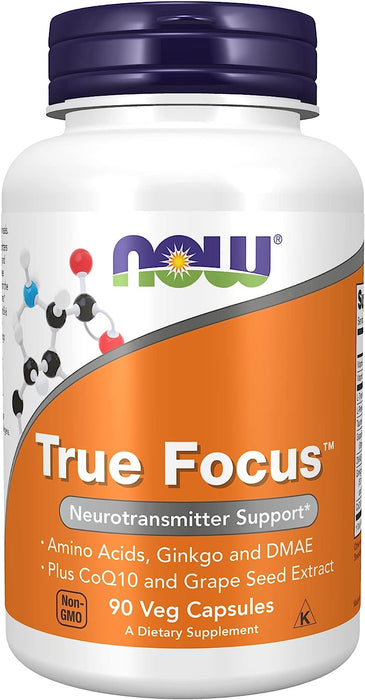 NOW Supplements, True Focus™ with Amino Acids, Ginkgo, DMAE + CoQ10 and Grape Seed Extract , 90 Veg Capsules ( S29 )