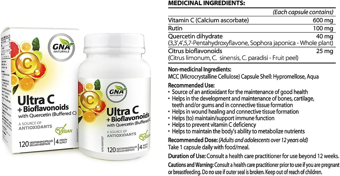 GNA Naturals Ultra Vitamin C 600mg + Bioflavonoids with Quercetin, 120 V-Caps 4 Month Supply, 120 Count ( S# Vitamin C )