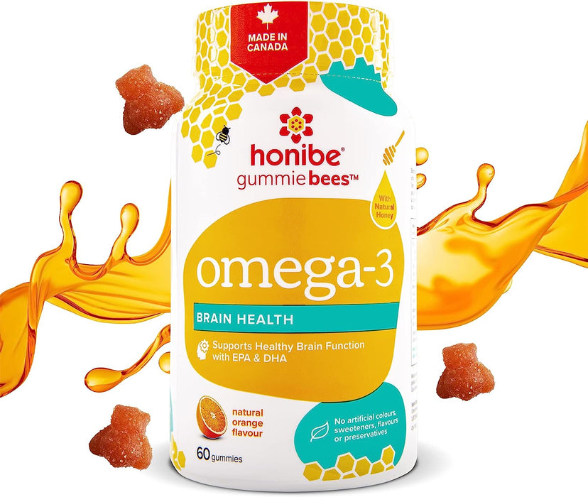 Honibe Omega 3 Gummies for Kids and Adults | Made in Canada | Supports Brain Health | Trusted Source of Omega-3 EPA & DHA Vitamins ( S04-03)