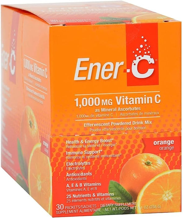 Ener-C Orange Multivitamin Drink Mix, 1000mg Vitamin C, Non-GMO, Vegan, Real Fruit Juice Powders, Natural Immunity Support, Electrolytes, Gluten Free, 1-Pack of 30 Orange ( S08 )