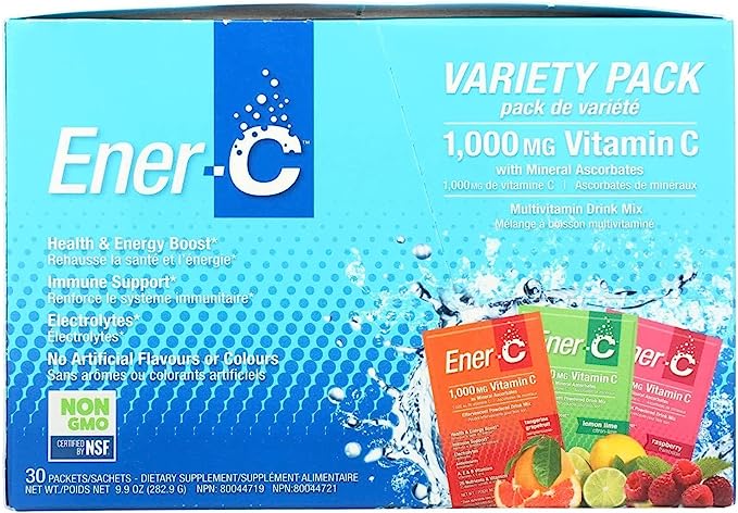 Ener-C Variety Pack Multivitamin Drink Mix, 1000mg Vitamin C, Non-GMO, Vegan, Real Fruit Juice Powders, Natural Immunity Support, Electrolytes, Gluten Free, 1-Pack of 30 ( S08 )