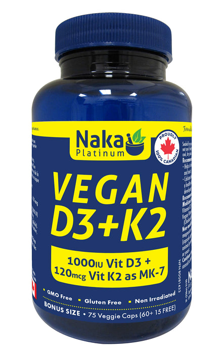 Naka Platinum VEGAN D3+K2 1000 IU D3 + 120 mcg Vit K2 as MK-7 BONUS size 75 Veggie Caps (60+15 FREE) ( S#Vitamin A,D,E)