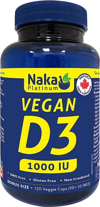 NAKA PLATINUM  VEGAN D3 1000 IU ( 120 VEGGIE CAPS ) ( S# vitamin A,D,E )