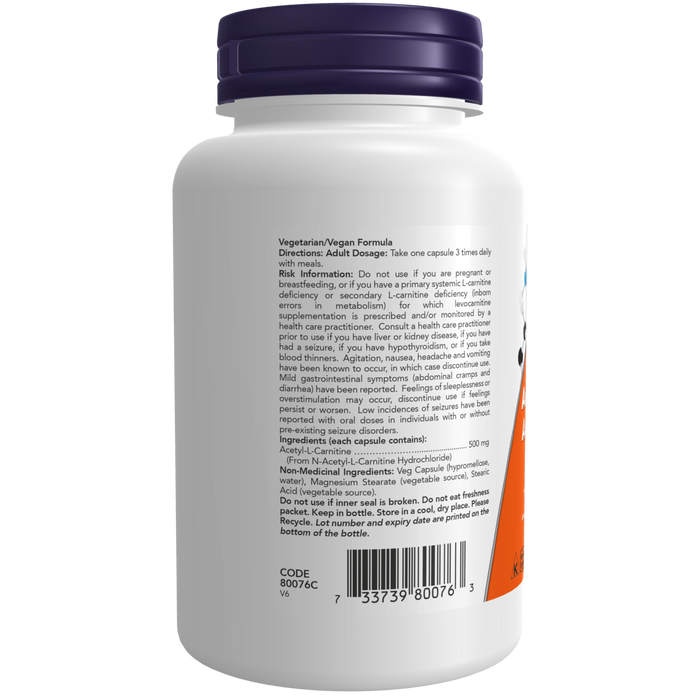 Acetyl L-Carnitine 500 mg 100 Veg Capsules ( S# Amino Acids )