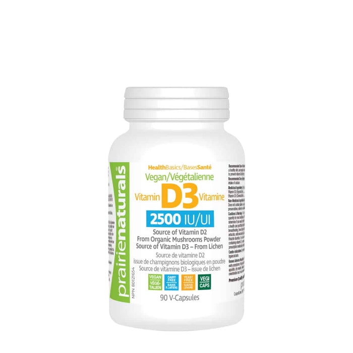 HEALTHBASICS/VEGAN  VITAMIN D3 2500 IU/UI SOURCE OF VITAMIN D2 FROM ORGANIC MUSHROOMS POWDER (90 V-CAPSULES) ( S 02 )