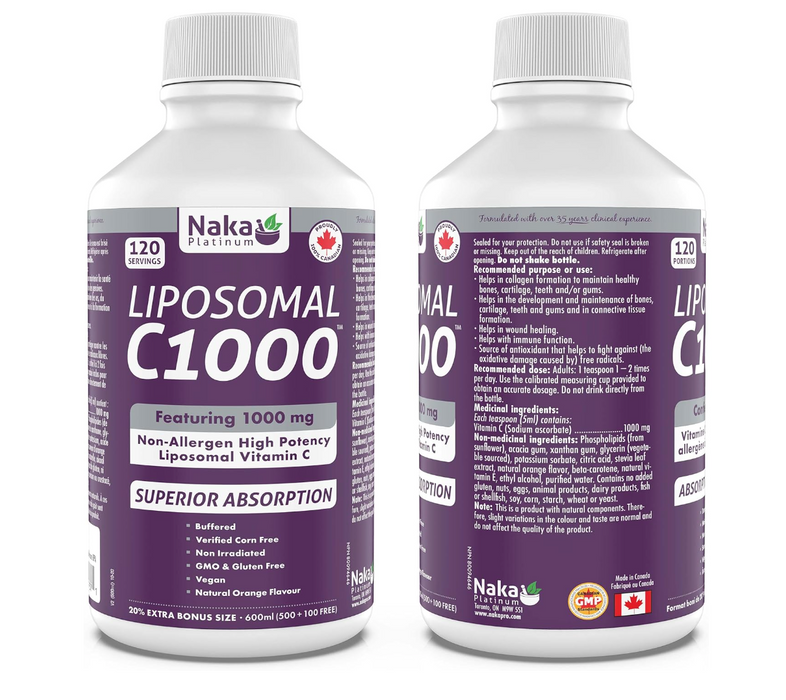 Naka Platinum LIPOSOMAL C1000 Non-Allergen High Potency Vitamin C (Sodium Ascorbate) 1000 mg per 5ml teaspoon - BONUS SIZE 750 ml (600 ML + 150 ML Free) 120 servings. ( S# Vitamin C )